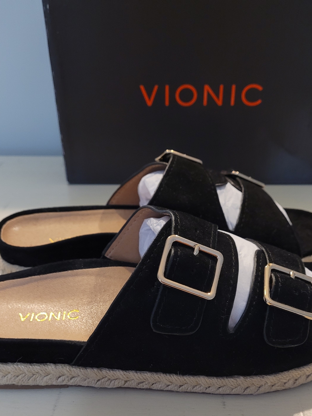 Vionic Black Suede Double Buckle Slide Sandals - Picture 3 of 13